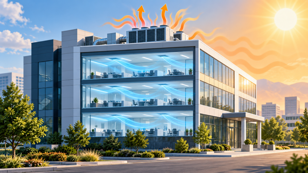 Illustration of a commercial building HVAC system removing indoor heat during extreme summer temperatures
