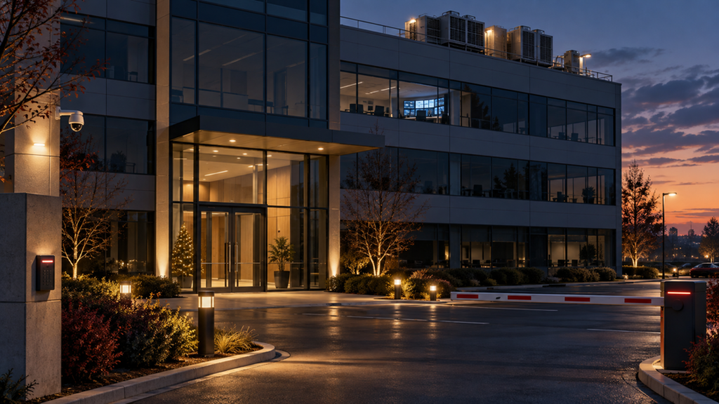 Closed office building with HVAC, security, and access systems still operating