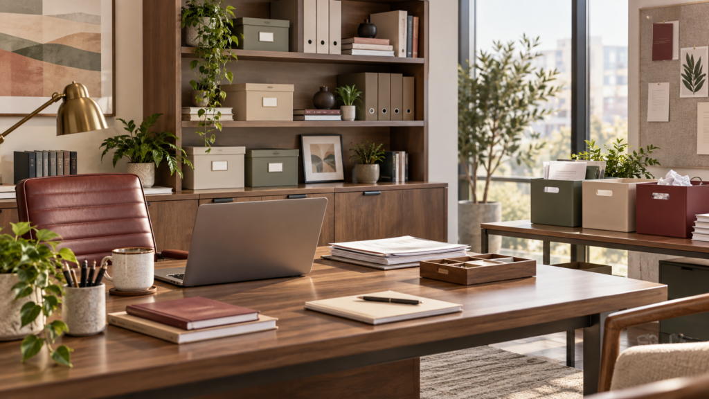 Organized office with labeled storage boxes, files, and workplace supplies