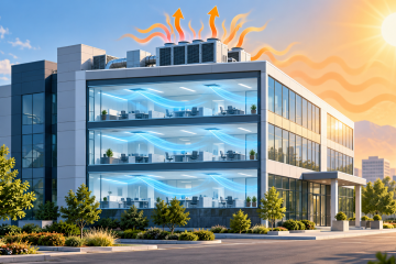 Illustration of a commercial building HVAC system removing indoor heat during extreme summer temperatures