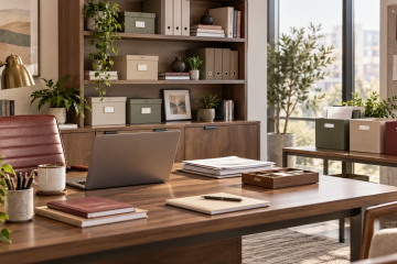 Organized office with labeled storage boxes, files, and workplace supplies